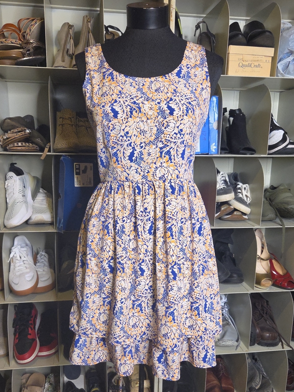 hello miss Blue and Cream Floral Sleeveless Fit-and-Flare Dress